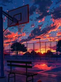 籃球框下日落余暉
